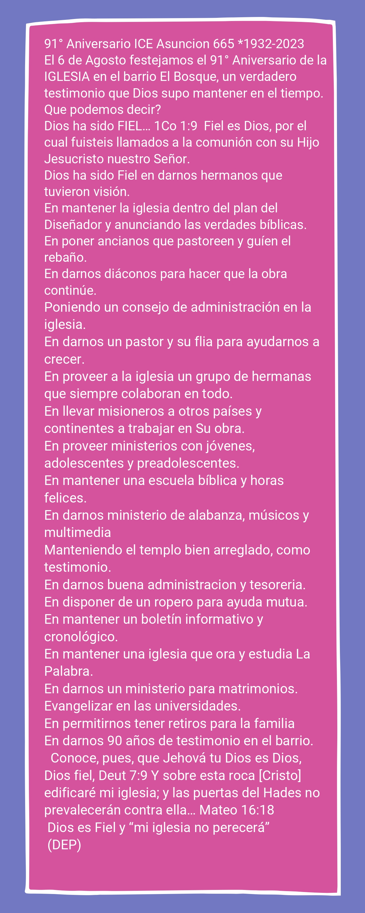 Boletin Domingo 13 de agosto 2023 -91Aniversario de la ICE
